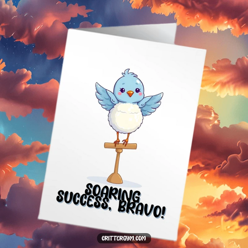 Funny Free Printable Congratulations Card: Blue bird balancing elegantly on a beam, celebrating a major win.