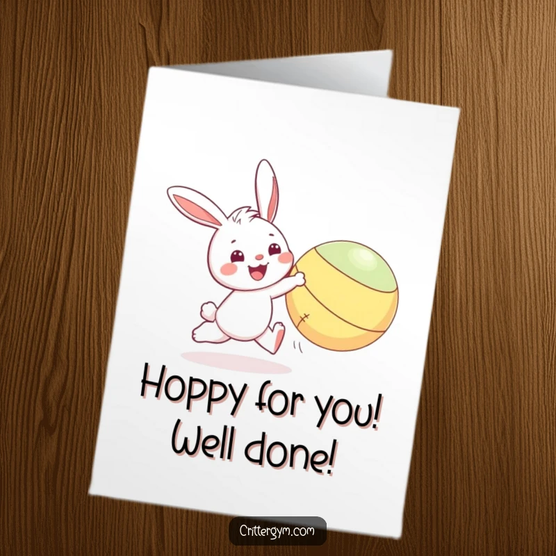 Funny Free Printable Congrats Card: A smiling bunny playerfully pursuing a bouncing yoga ball, symbolizing energetic achievement.