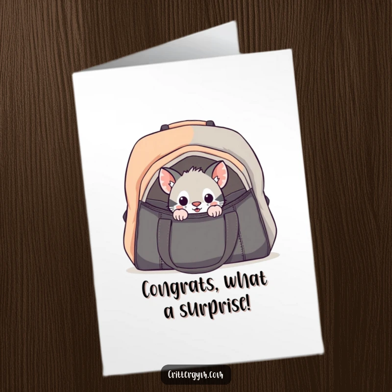 Funny Free Printable Congratulations Card: Curious critter cautiously peeking into a gym bag, symbolizing anticipation of new achievements.