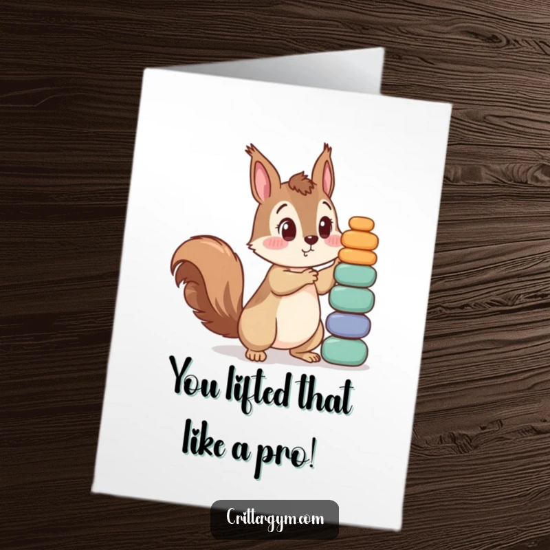 Funny Free Printable Congrats Card: Surprised squirrel comically attempts to lift an impossibly large stack of tiny weights, celebrating success with humor.