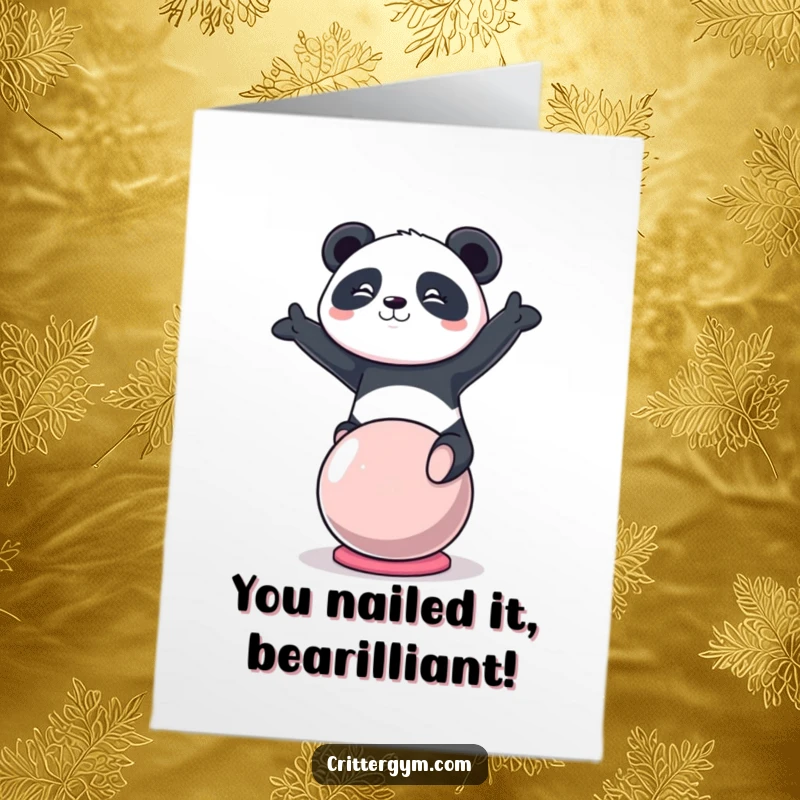 Funny Free Printable Congratulations Card: A determined Kawaii panda expertly balancing on a yoga ball, celebrating success.
