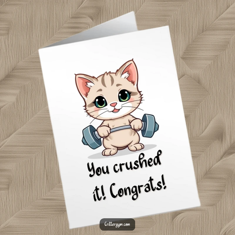 Funny Free Printable Congratulations Card: Proud kitten flexing tiny muscles after a workout win, celebrating success with a smile.