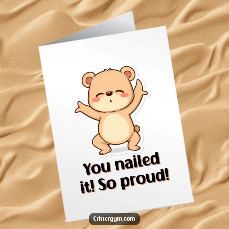 Funny Free Printable Congratulations Card: A determined bear wobbling precariously while trying to hold a yoga pose, looking stressed.