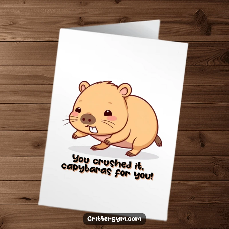 Funny Free Printable Congratulations Card: Kawaii capybara exerting maximum effort for a push-up, celebrating hard-earned success.