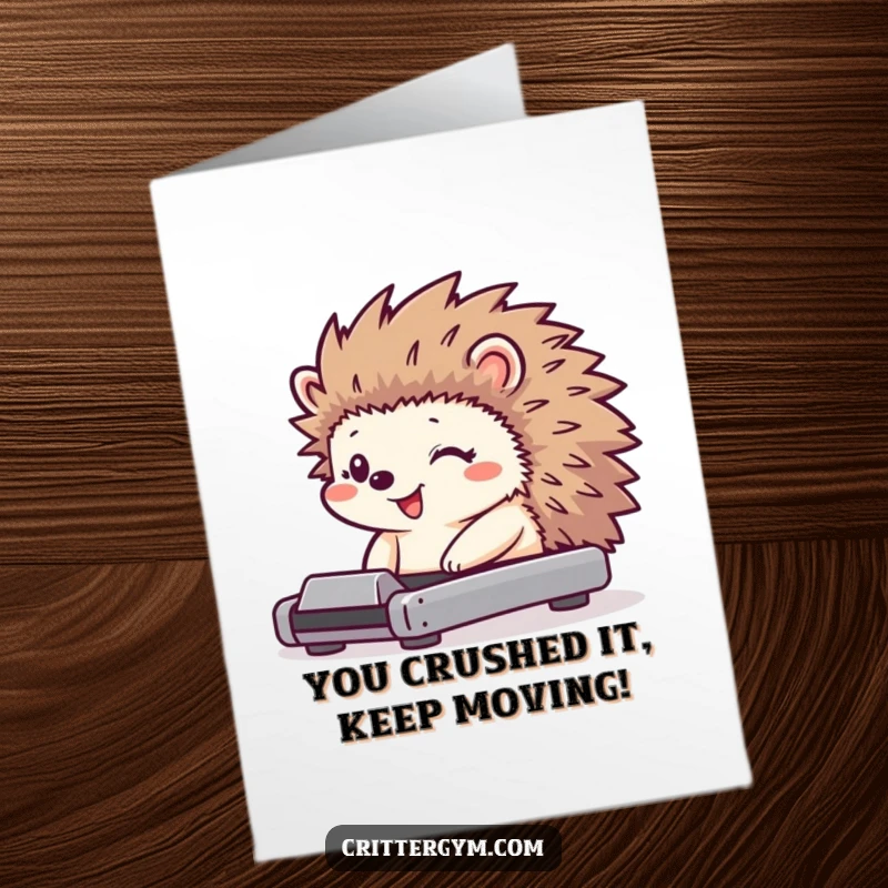 Funny Free Printable Congratulations Card: Tiny hedgehog on treadmill, huge grin, quills jiggling, celebrating progress.