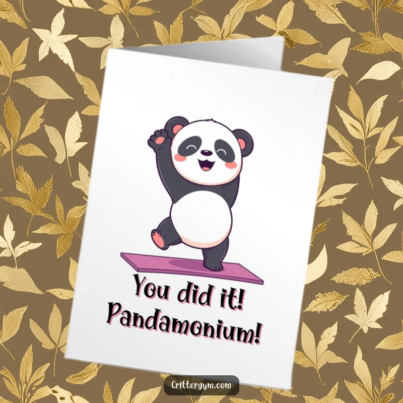 Funny Free Printable Congratulations Card: Panda struggling with a handstand, celebrating success with humor.