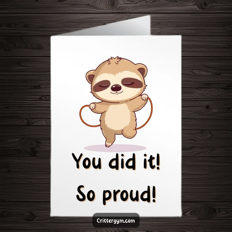 Funny Free Printable Sloth Congratulations Card featuring a sleepy sloth making a slow-motion jump rope effort, celebrating achievement.