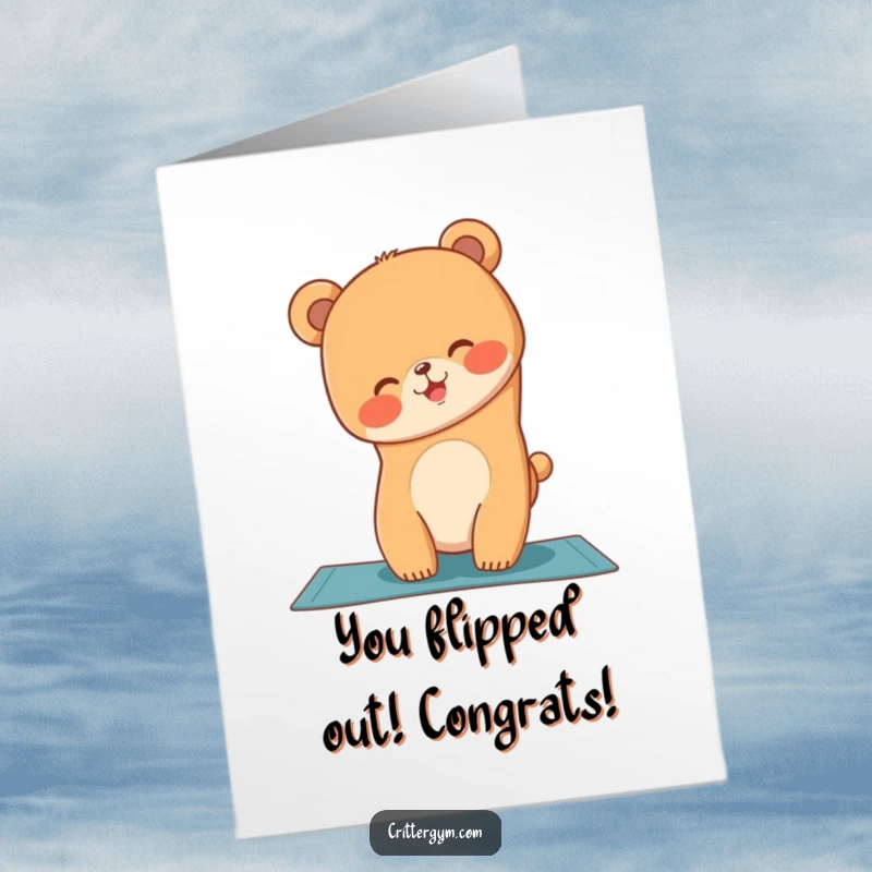 Funny Free Printable Congratulations Card: A giggling bear cub attempts a wobbly handstand on a yoga mat.