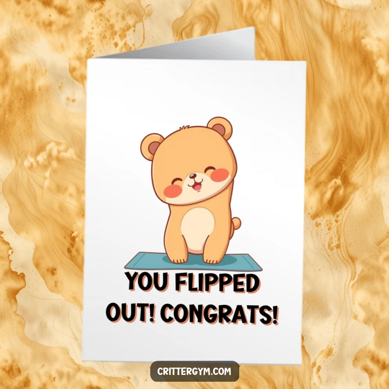 Funny Free Printable Congratulations Card: A giggling bear cub attempts a wobbly yoga handstand, celebrating a small victory.