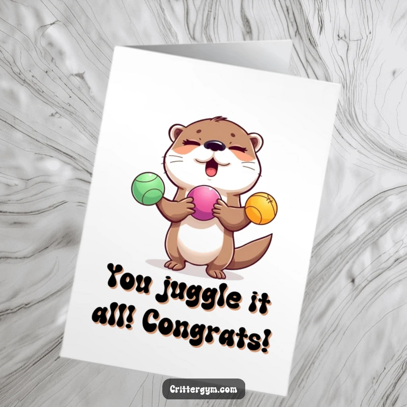 Funny Free Printable Congratulations Card: A winking otter impressively juggles three colorful exercise balls, celebrating an achievement.
