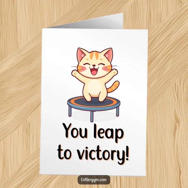 Funny free printable congratulations card showing a cheerful cat energetically bouncing on a tiny trampoline, celebrating.