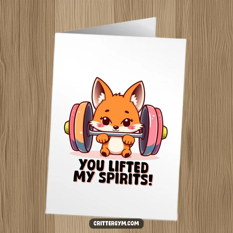 Funny Free Printable Fox Congratulations Card: A fox peeks from behind a barbell, humorously congratulating your powerful win.