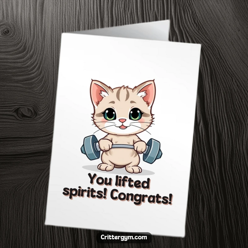 Funny Free Printable Congratulations Card: A proud kitten beams after completing a rep with minuscule weights, showing off its gains.