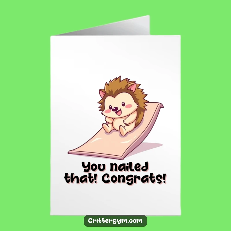 Free Printable Congrats Card: Hedgehog's Joyful Slide, Funny Downloadable Gift for Smooth Success