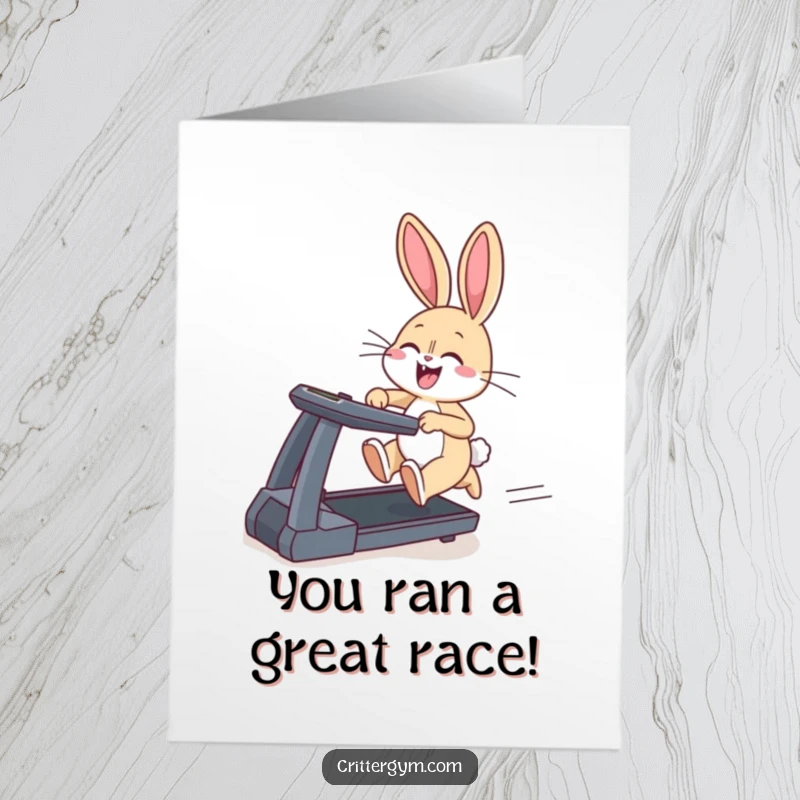 Free printable congratulations card featuring a giggling bunny vigorously running on a treadmill, symbolizing a fast-paced success.