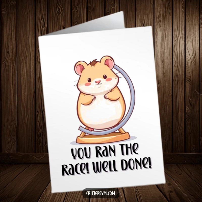 Funny Free Printable Congrats Card: A round hamster character energetically spinning on a small exercise wheel, signifying continued success.