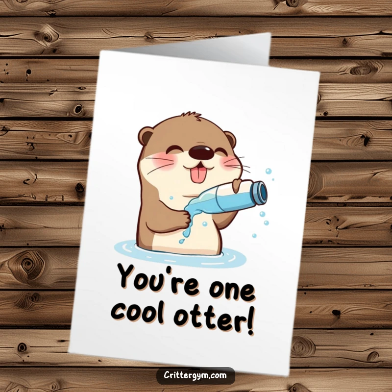 Funny Free Printable Congratulations Card: A playful otter happily splashing water from a bottle onto its panting face, looking refreshed.