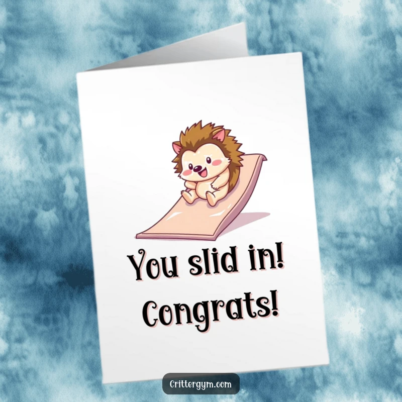 Funny Free Printable Congratulations Card: A happy hedgehog speeds down a slippery slide, celebrating a fun accomplishment.