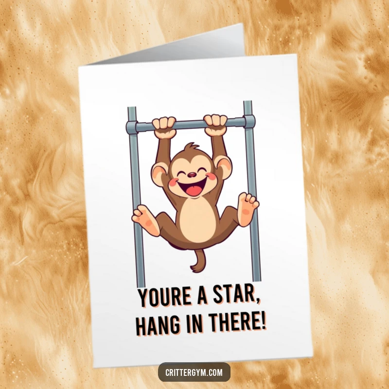 Funny Free Printable Monkey Congratulations Card depicts a mischievous monkey hanging upside down, celebrating a unique achievement with glee.