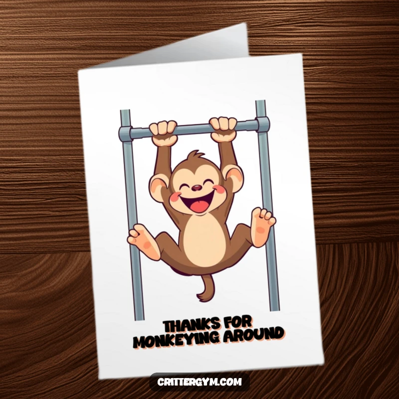 Funny Free Printable Monkey Thank You Card shows a mischievous monkey hanging upside down, delivering thanks with playful energy.