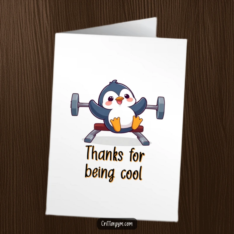 Funny free printable thank you card: a silly penguin joyfully sliding down a weight bench to express thanks.
