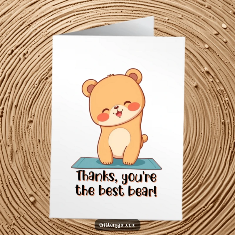 Funny Free Printable Thank You Card: A giggling bear cub wobbles in a handstand on a yoga mat, sending thanks.