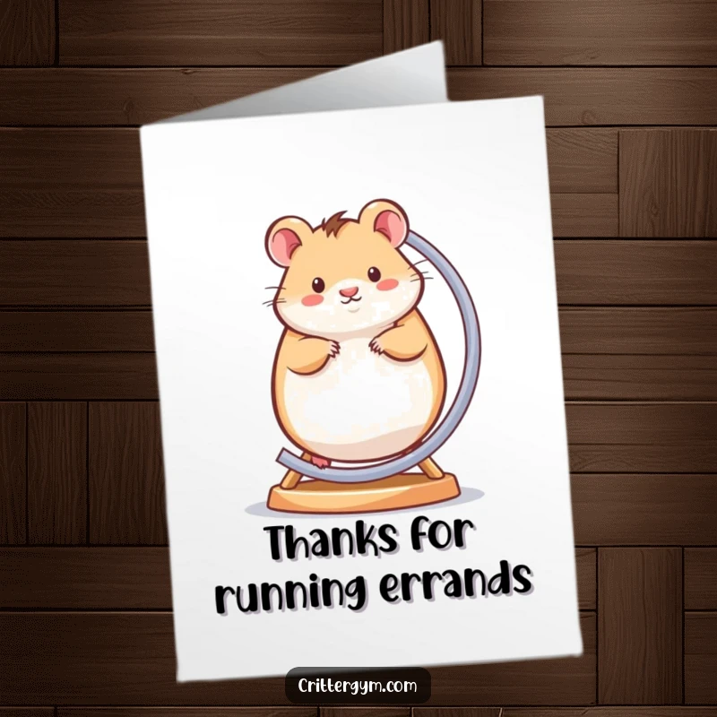 Funny Free Printable Thank You Card: Happy hamster spinning on a mini wheel, humorously conveying energetic gratitude.