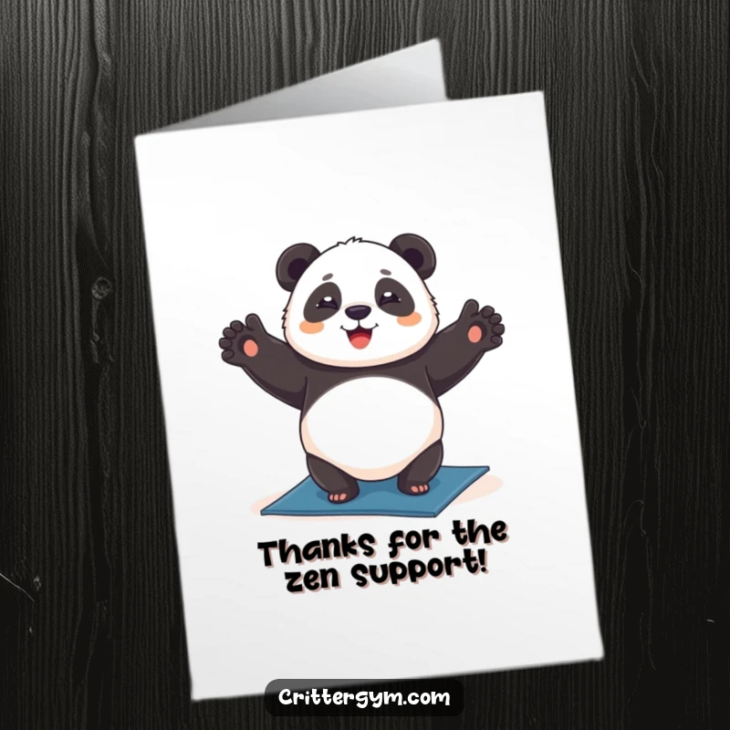 Funny Free Printable Thank You Card: Chubby panda happily inverts on a yoga mat, a peaceful thank you gesture.