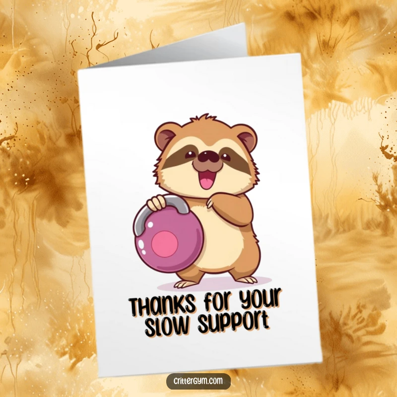 Funny Free Printable Thank You Card: A Kawaii sloth comically holding a massive kettlebell with great difficulty, a humorous thank you.