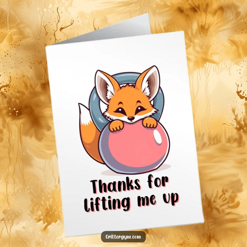 Funny Free Printable Thank You Card: A curious fox peeks from behind a kettlebell, conveying thanks in a unique way.