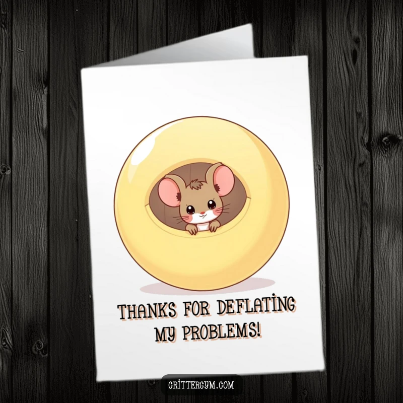 Funny Free Printable Thank You Card: A curious mouse peeks out from a large, deflated exercise ball, offering thanks.