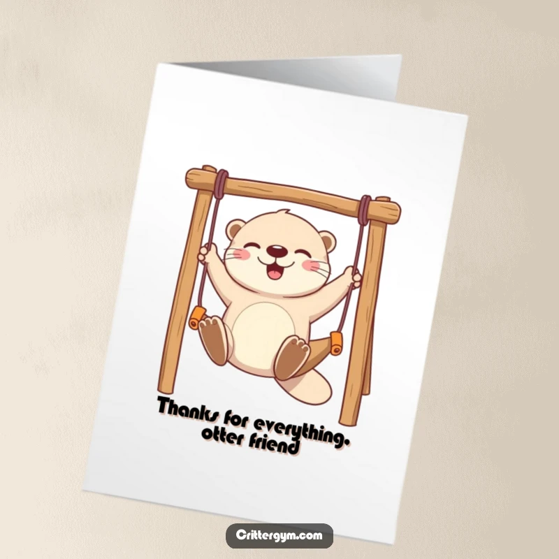 Funny Free Printable Thank You Card: A joyful otter swings gracefully, expressing thanks with a huge grin.