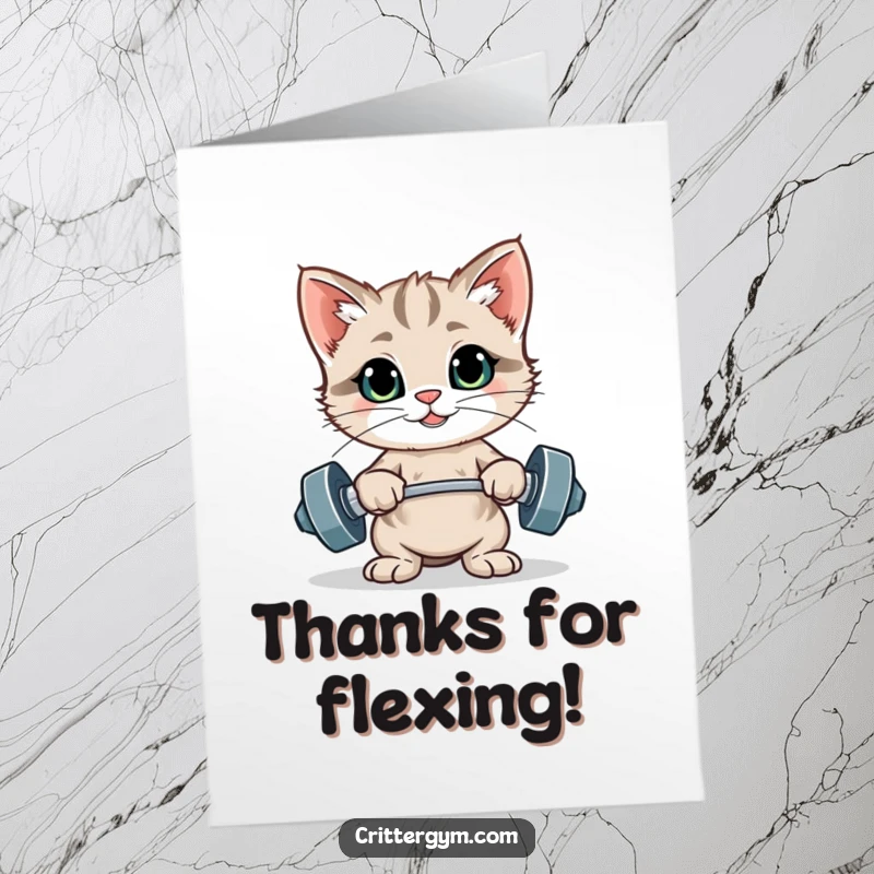 Funny Free Printable Thank You Card: A proud kitten poses mid-workout with tiny weights, radiating a thankful vibe.
