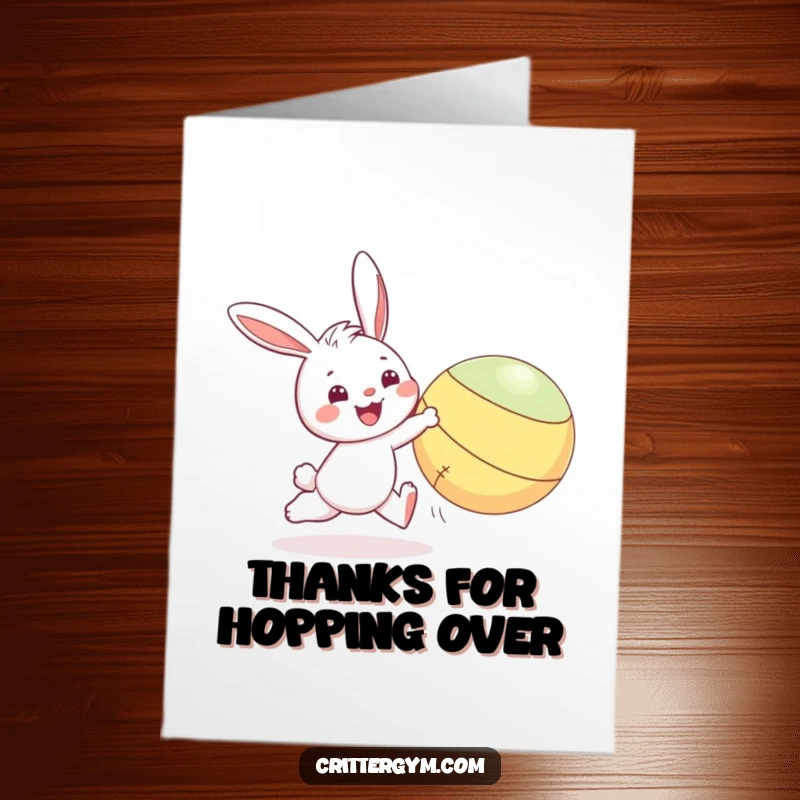 Funny Free Printable Thank You Card: A smiling bunny character in energetic pursuit of a bouncing yoga ball, expressing thanks.