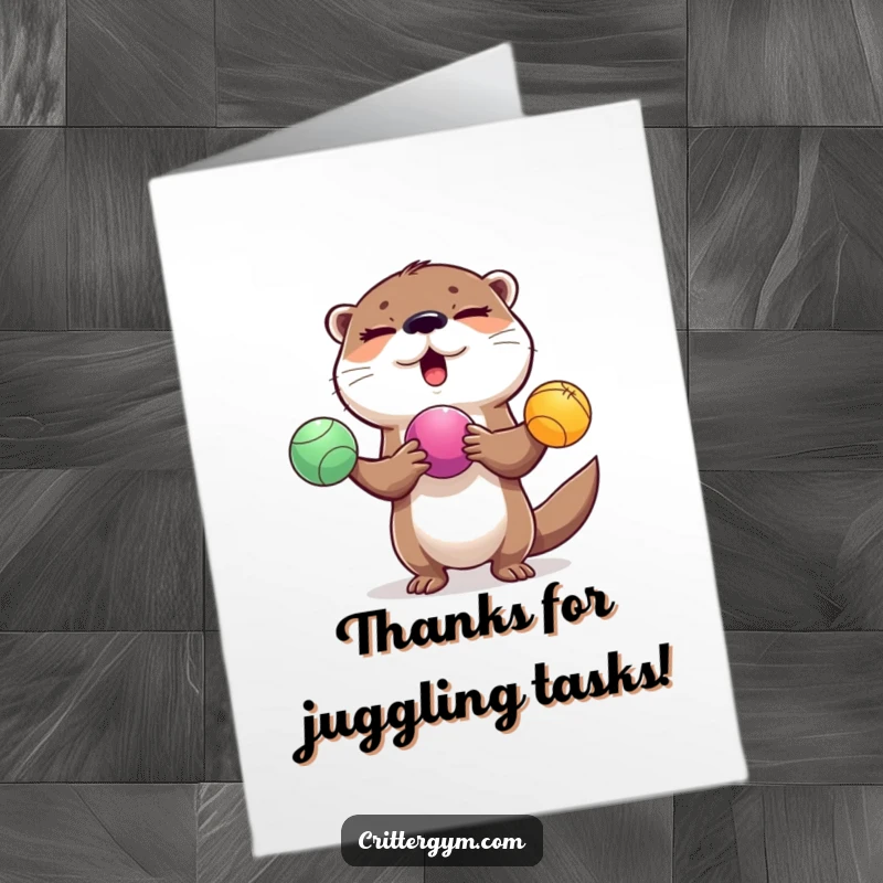 Funny Free Printable Thank You Card: A winking otter juggles colorful balls, sending a thankful message with a playful wink.