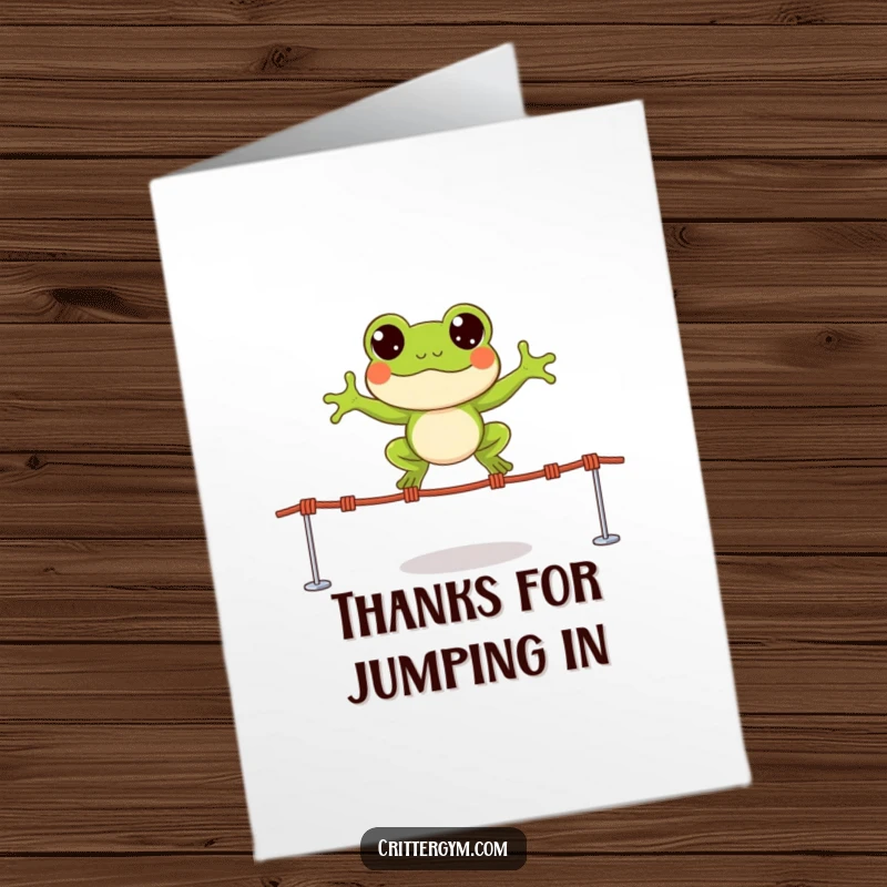 Funny Free Printable Thank You Card: A happy frog leaps with excitement, thanking you with wide, joyous eyes.