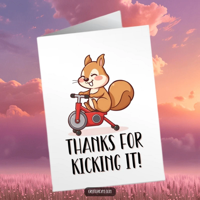Funny Free Printable Thank You Card: Cute squirrel character kicks its leg happily while riding a miniature red exercise bike.