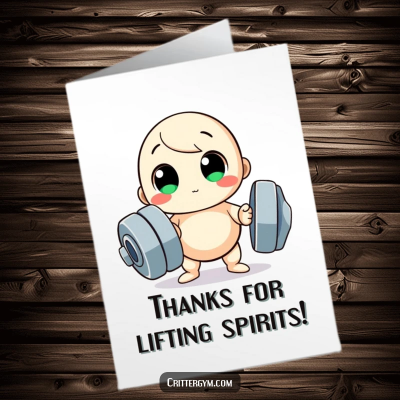 Funny Free Printable Thank You Card: Small, round character with wide eyes attempts to lift a comically large dumbbell.