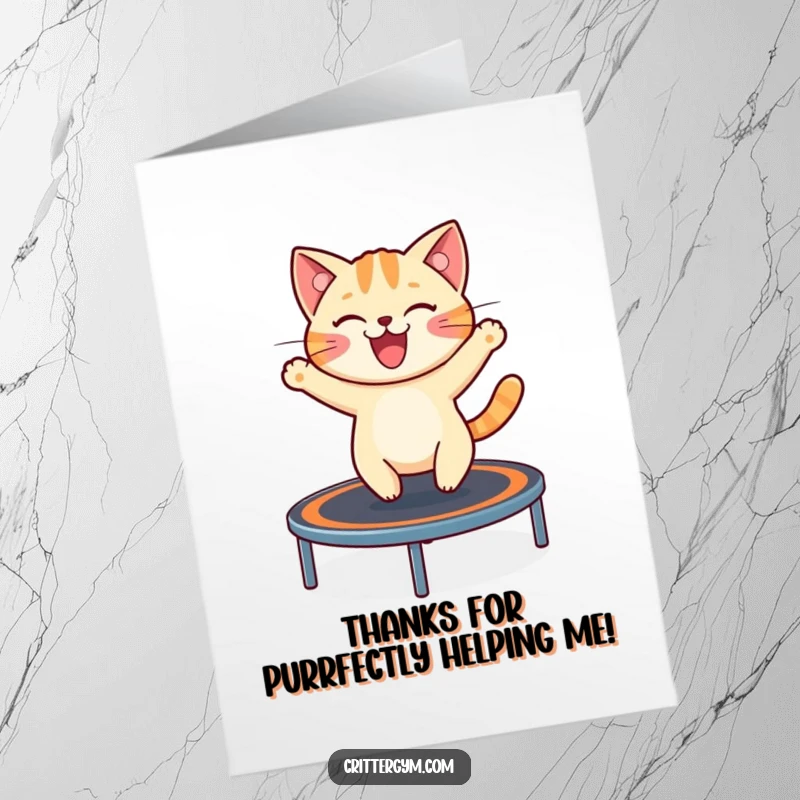 Funny free printable thank you card with a cheerful cat excitedly bouncing on a trampoline, expressing thanks.