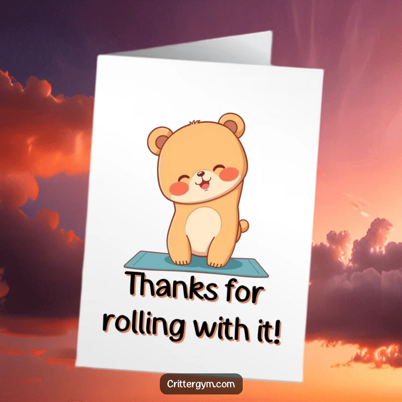Funny Free Printable Thank You Card: A giggling bear cub wobbles precariously mid-yoga handstand, expressing gratitude.