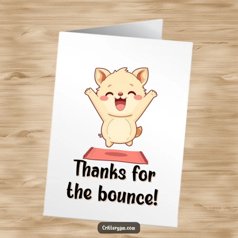 Funny Free Printable Thank You Card: A fluffy animal character enthusiastically bouncing on a miniature yoga mat, conveying thanks with joy.