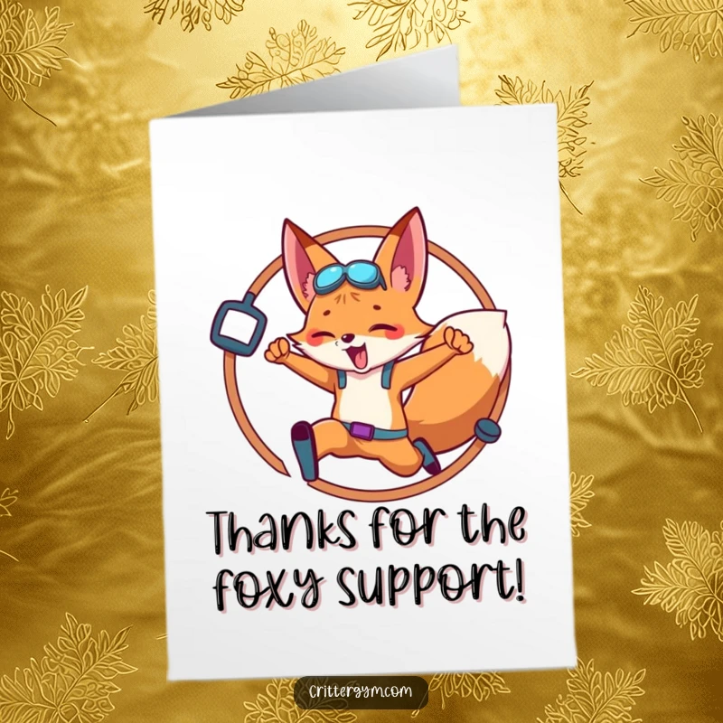Funny Free Printable Thank You Card: Energetic fox performing a hoop leap, a creative way to express thanks.