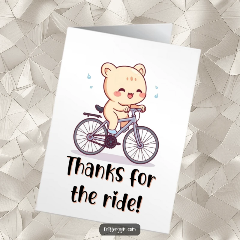 Funny Free Printable Thank You Card: A cute creature gleefully pedaling a tiny stationary bike, sweat flying, expressing thanks energetically.