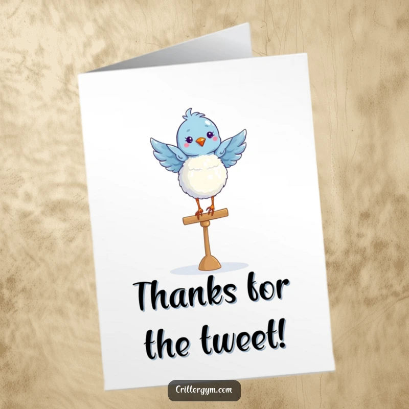 Funny Free Printable Thank You Card: Blue bird in a ballet pose on a balance beam, elegant thanks.