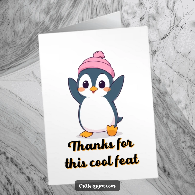 Funny Free Printable Thank You Card: A penguin struggles hilariously in a handstand, making any thank you more memorable.