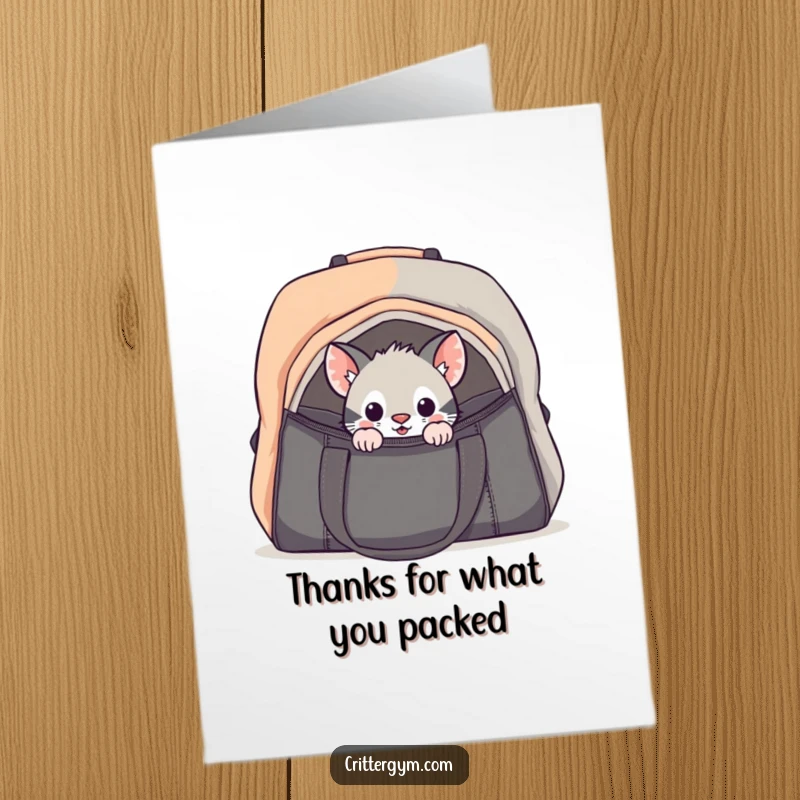 Funny Free Printable Thank You Card: Small critter cautiously peeking into a large gym bag, conveying thanks with a curious expression.