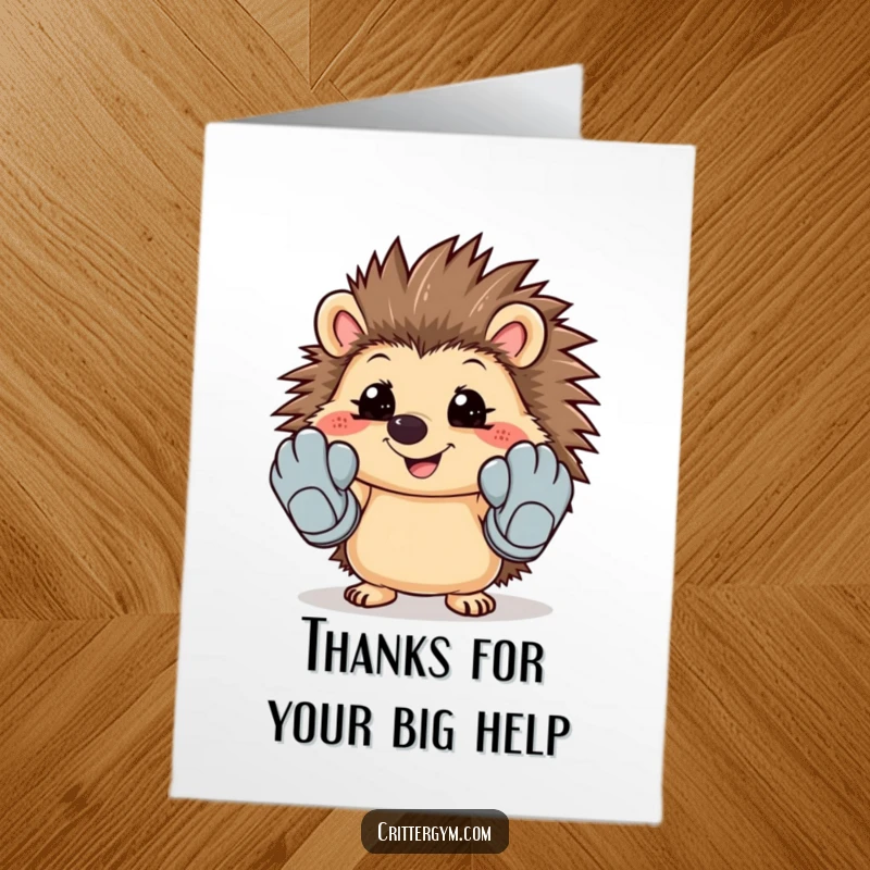 Funny Free Printable Thank You Card: A cheerful hedgehog attempts to put on massive workout gloves, showing thanks.