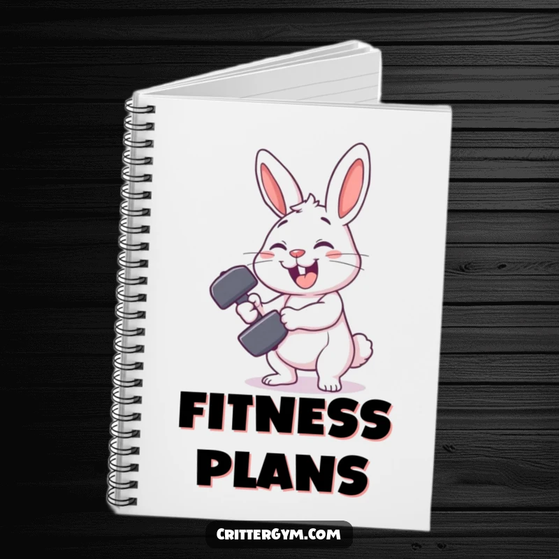 Funny rabbit gym notebook featuring a smiling rabbit character comically failing to lift a tiny dumbbell, perfect for journaling.