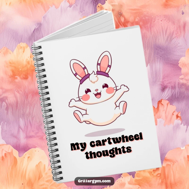 Funny cheerful bunny with sweatbands, doing a cartwheel with a smile, on the cover of a notebook, perfect for planning, great funny gift.