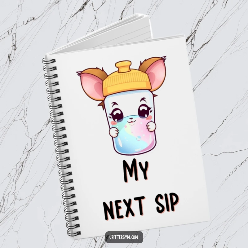 Funny creature notebook featuring a curious creature with wide, amazed eyes peeking into a colorful water bottle, ideal for notes.